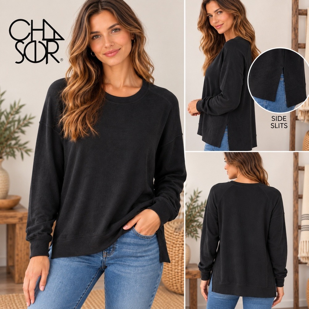 Chaser Womens Recycled Polyester Blend Side Slit Sweatshirt Black Size Small